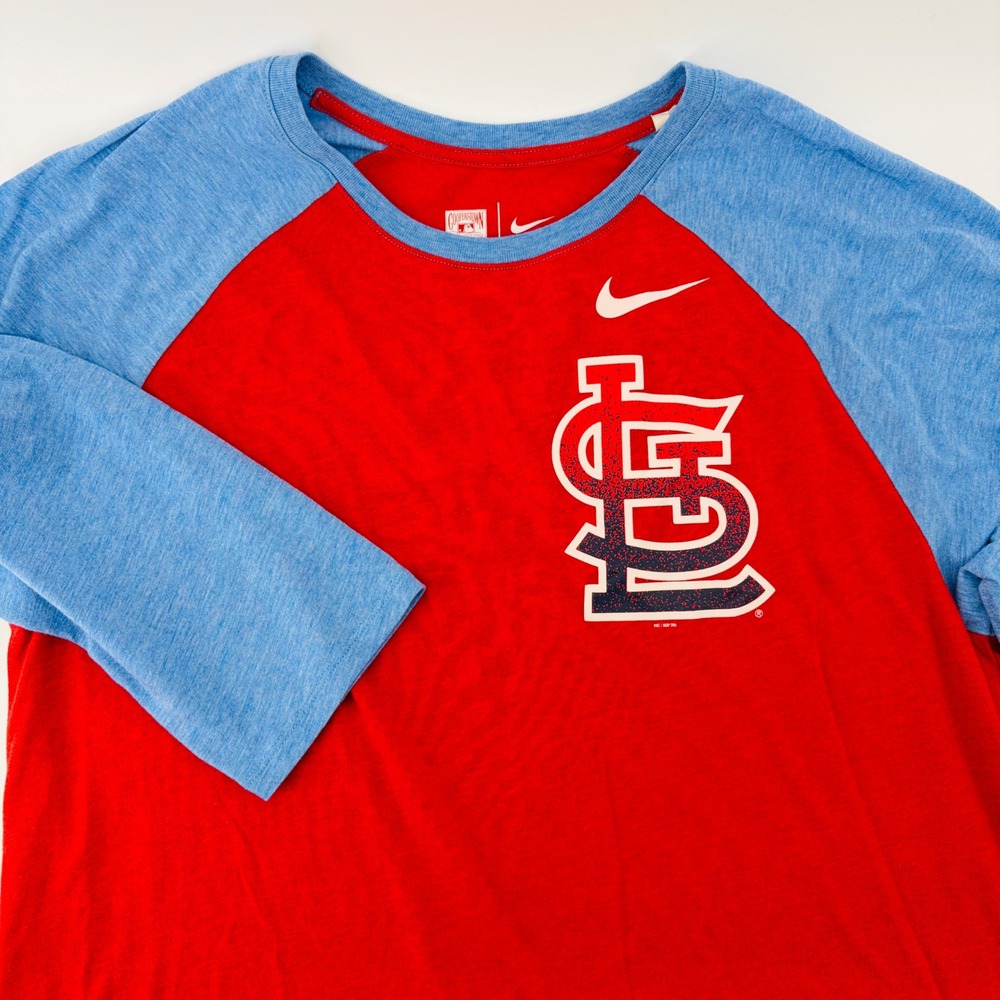 Nike St Louis Cardinals Mens Large Red Blue Raglan Baseball Tee MLB Shirt